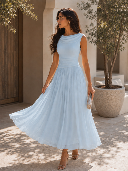 Robe midi chic sans manches pour femme, avec col drapé et plis fluides