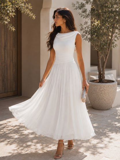Robe midi chic sans manches pour femme, avec col drapé et plis fluides