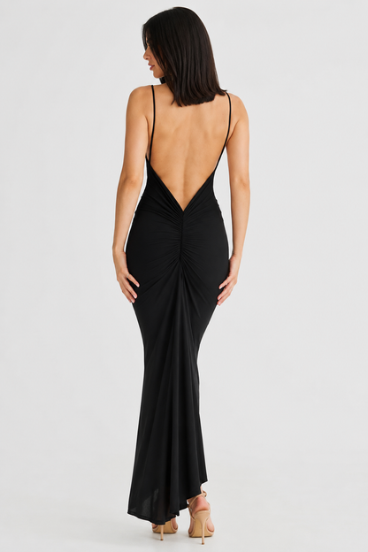 Robe Longue Femme Plissée avec Dos Nu et Bretelles Fines