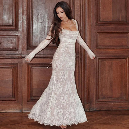 Robe Longue Femme en Dentelle avec Manches Longues et Encolure Ronde 1