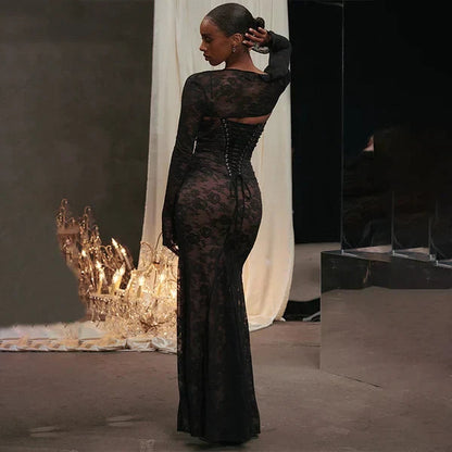 Robe Longue Femme en Dentelle avec Manches Longues et Encolure Ronde 2