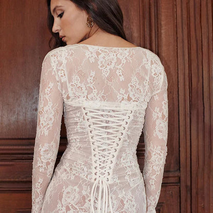 Robe Longue Femme en Dentelle avec Manches Longues et Encolure Ronde 5