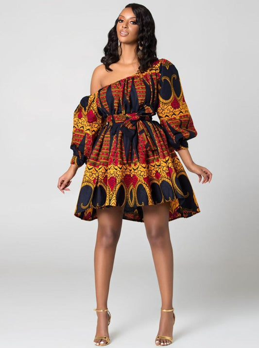 Robe de Soirée Femme Mi-Longue à Épaules Dénudées et Manches Longues Motif Abstrait 1