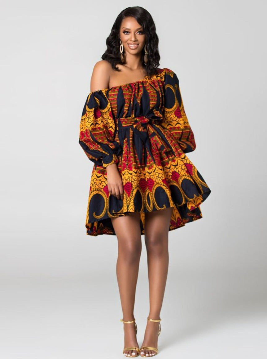 Robe de Soirée Femme Mi-Longue à Épaules Dénudées et Manches Longues Motif Abstrait 3