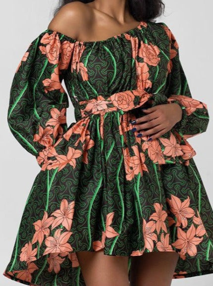 Robe de Soirée Femme Mi-Longue à Épaules Dénudées et Manches Longues Motif Abstrait 4