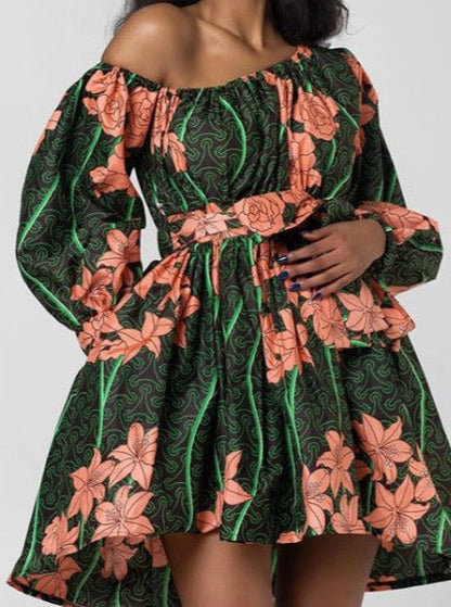 Robe de Soirée Femme Mi-Longue à Épaules Dénudées et Manches Longues Motif Abstrait 4
