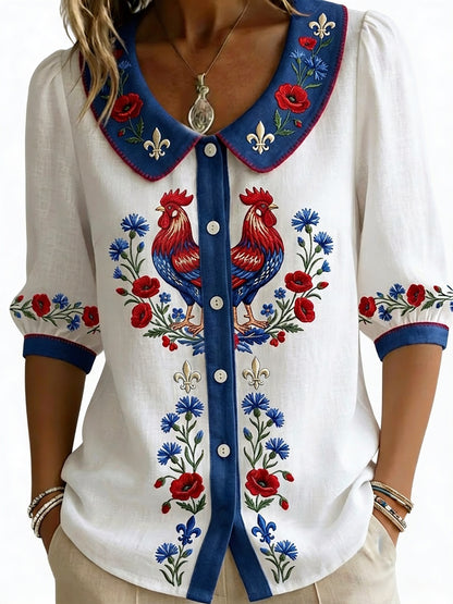 Chemise Coq Gaulois avec Col Claudine et Imprimé Floral