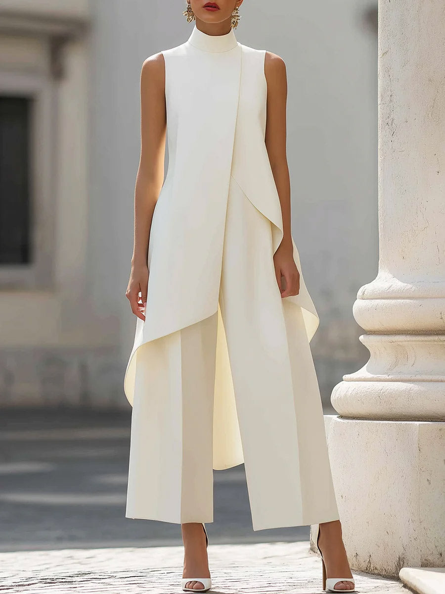 Ensemble Deux Pièces avec Top Col Montant et Pantalon Large