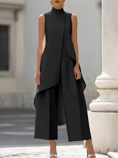 Ensemble Deux Pièces avec Top Col Montant et Pantalon Large