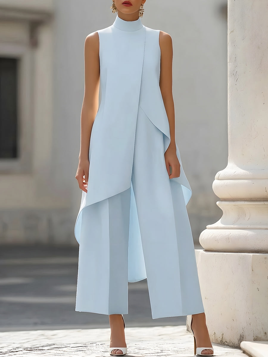 Ensemble Deux Pièces avec Top Col Montant et Pantalon Large