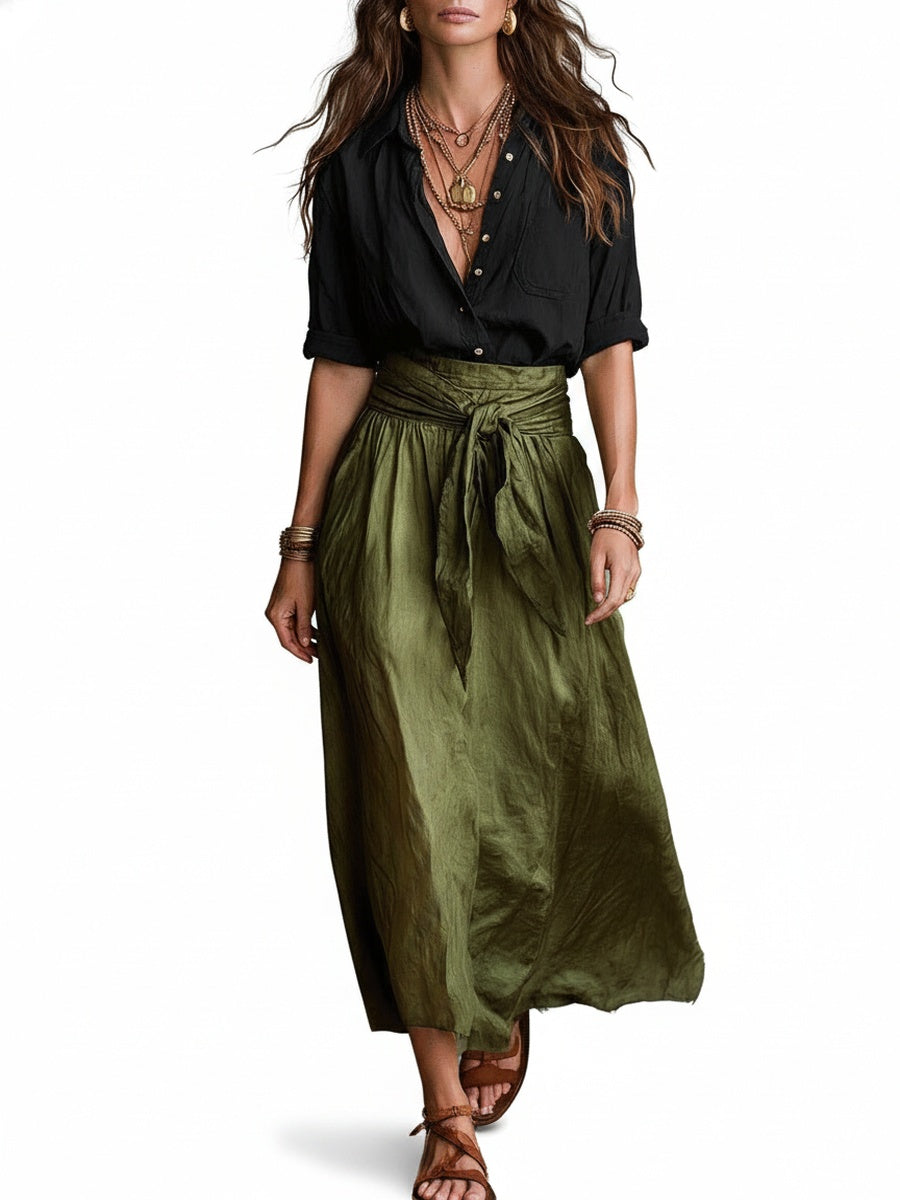 Ensemble Deux Pièces Chemise Boutonnée et Jupe Midi Taille Haute
