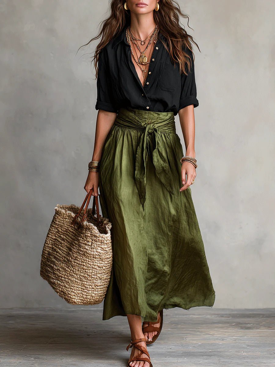 Ensemble Deux Pièces Chemise Boutonnée et Jupe Midi Taille Haute