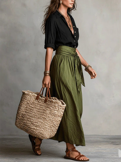 Ensemble Deux Pièces Chemise Boutonnée et Jupe Midi Taille Haute