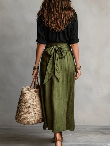 Ensemble Deux Pièces Chemise Boutonnée et Jupe Midi Taille Haute