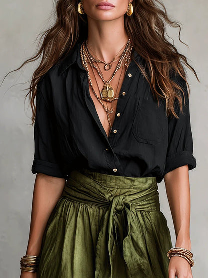Ensemble Deux Pièces Chemise Boutonnée et Jupe Midi Taille Haute