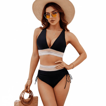 Femme Bikini Deux Pièces avec Col en V Profond et Taille Haute Froncée