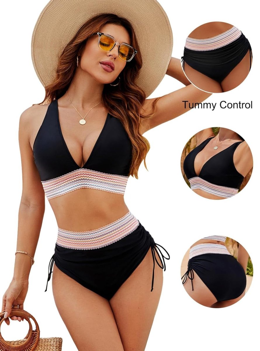 Femme Bikini Deux Pièces avec Col en V Profond et Taille Haute Froncée