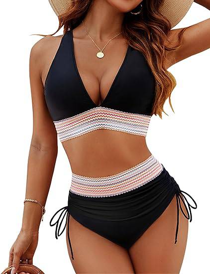 Femme Bikini Deux Pièces Taille Haute avec Col en V et Bretelles Réglables