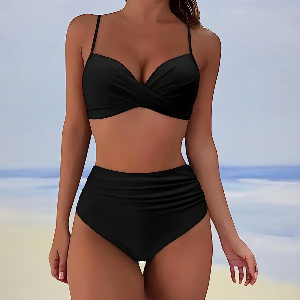 Femme Bikini Deux Pièces Taille Haute avec Top Croisé et Bretelles Fines
