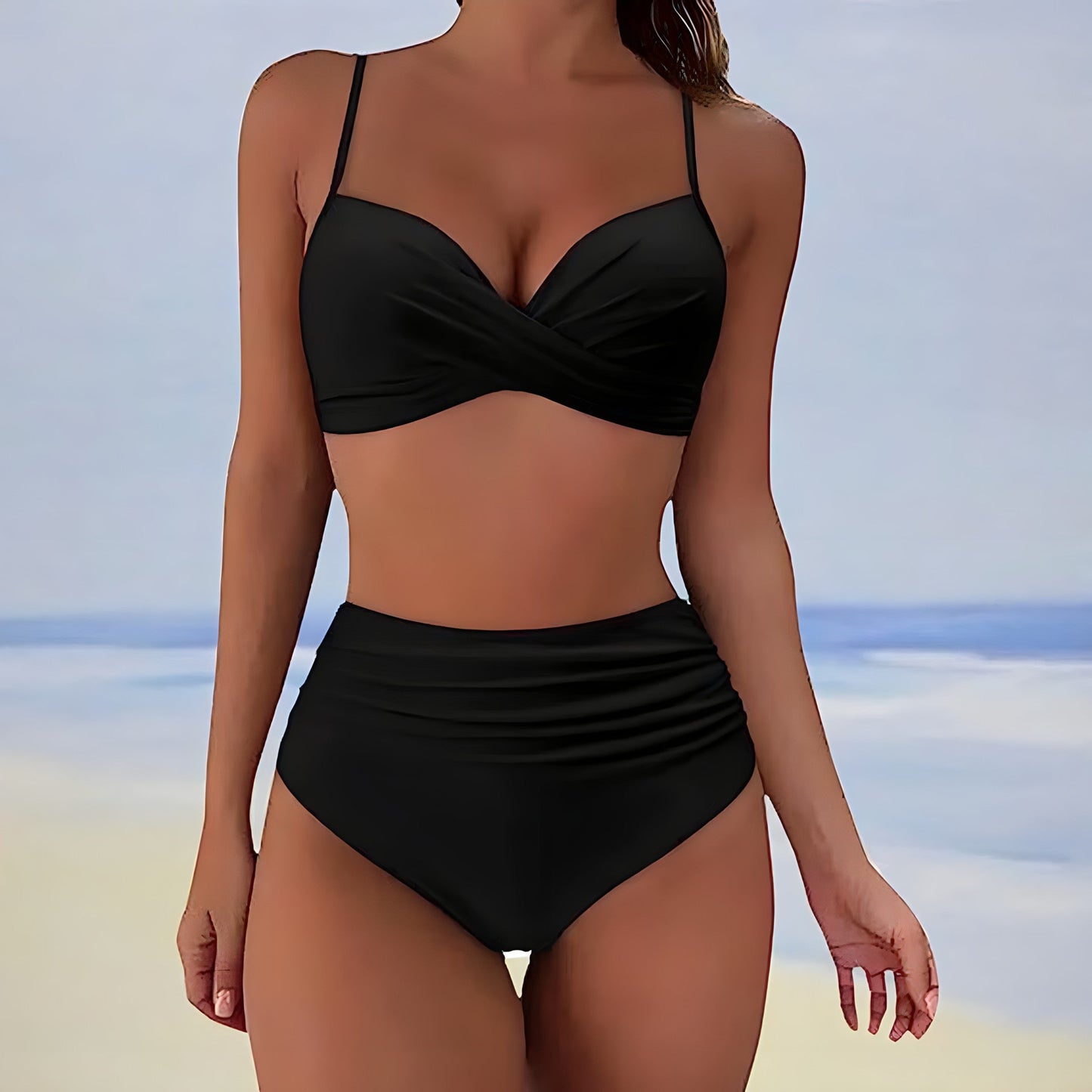 Femme Bikini Deux Pièces Taille Haute avec Top Croisé et Bretelles Fines