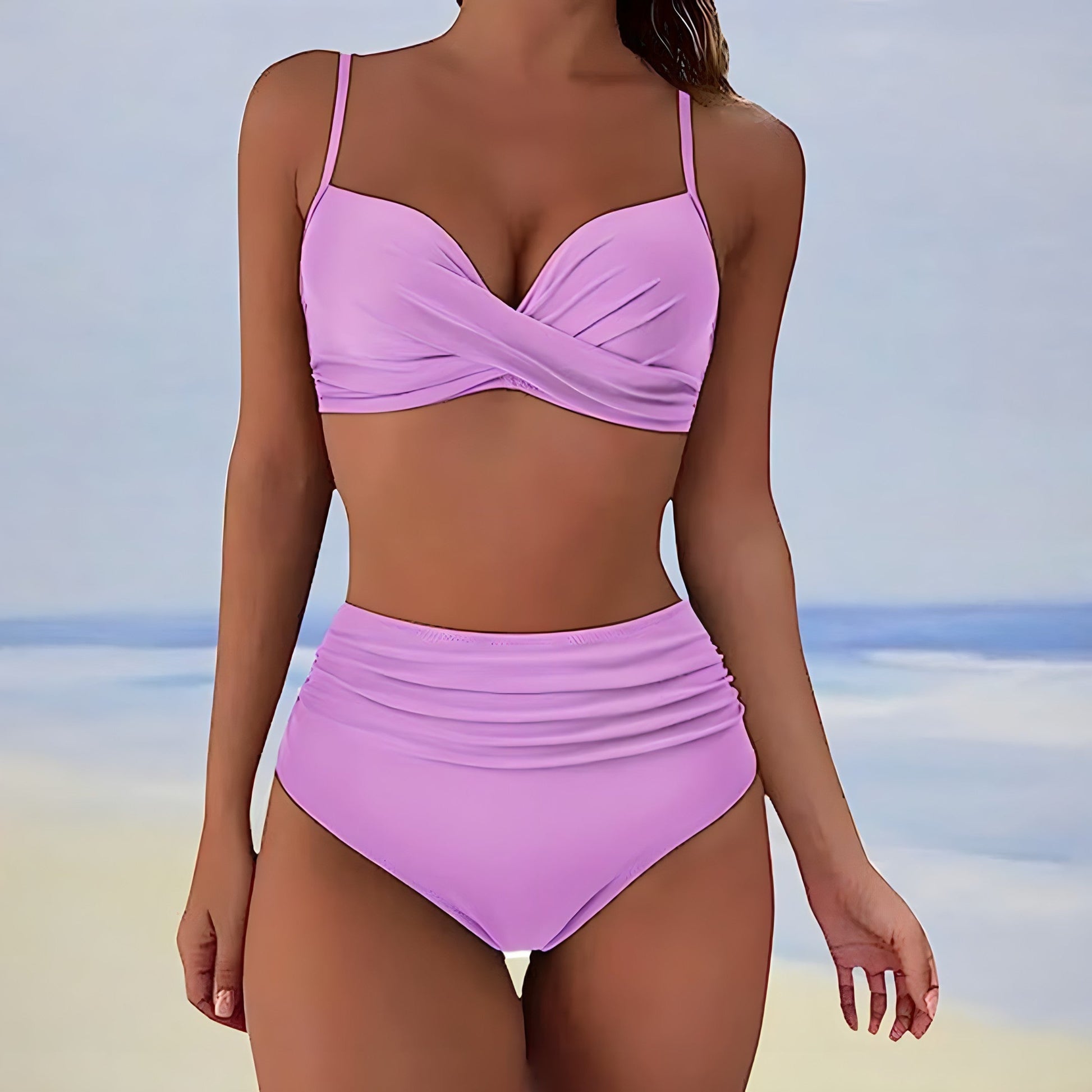Femme Bikini Deux Pièces Taille Haute avec Top Croisé et Bretelles Fines