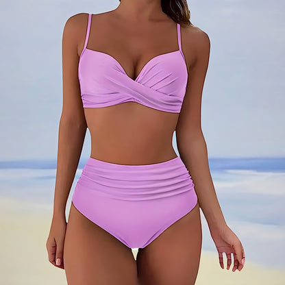 Femme Bikini Deux Pièces Taille Haute avec Top Croisé et Bretelles Fines