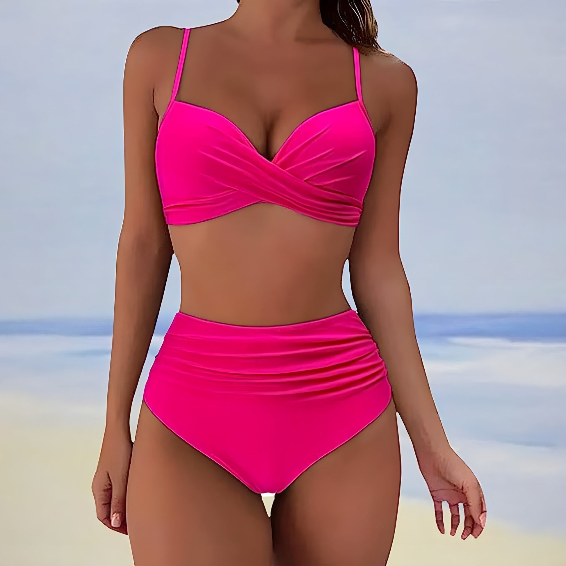Femme Bikini Deux Pièces Taille Haute avec Top Croisé et Bretelles Fines