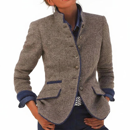 Femme Blazer Ajusté Manches Longues col Montant et Fermeture Boutonnée