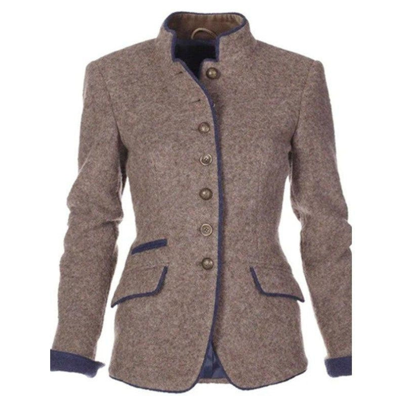 Femme Blazer Ajusté Manches Longues col Montant et Fermeture Boutonnée