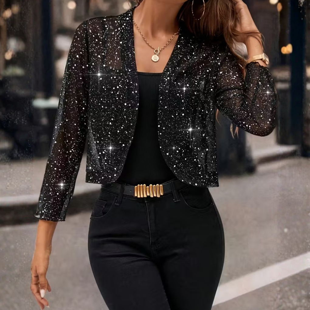 Femme Blazer Bolero Court Pailleté à Manches Longues et Col Ouvert