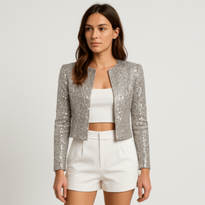 Femme Blazer Court à Paillettes Manches Longues sans Fermeture