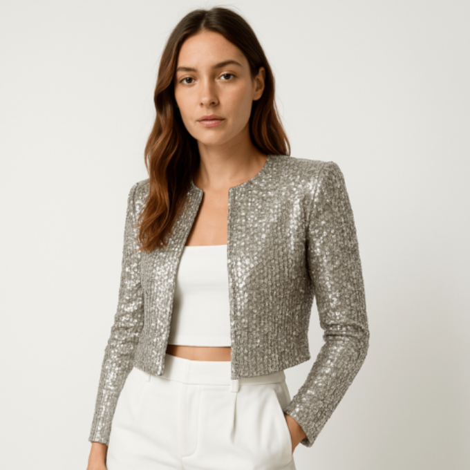 Femme Blazer Court à Paillettes Manches Longues sans Fermeture