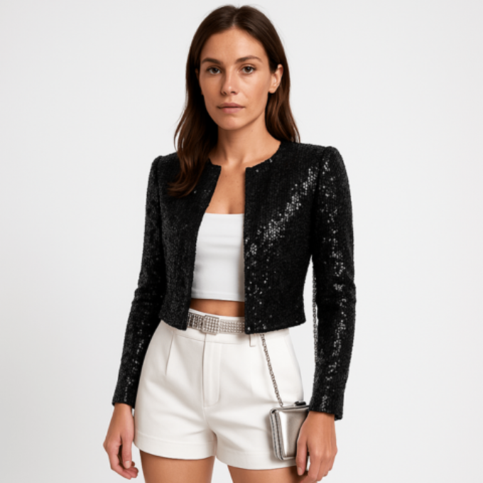 Femme Blazer Court à Paillettes Manches Longues sans Fermeture