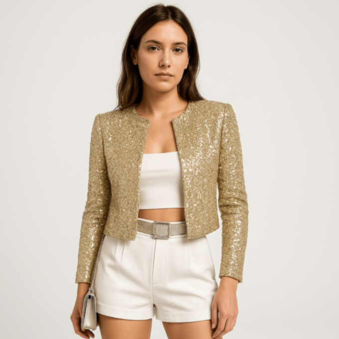 Femme Blazer Court à Paillettes Manches Longues sans Fermeture