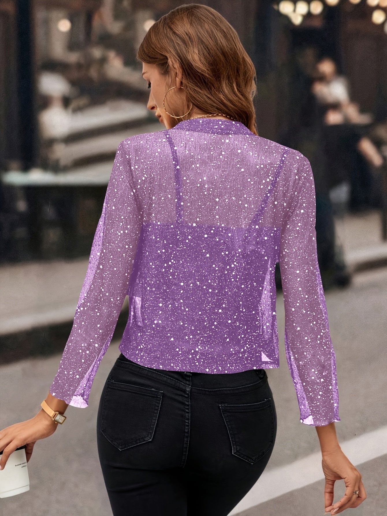 Femme Blazer Court Manches Longues Scintillant à Devant Ouvert