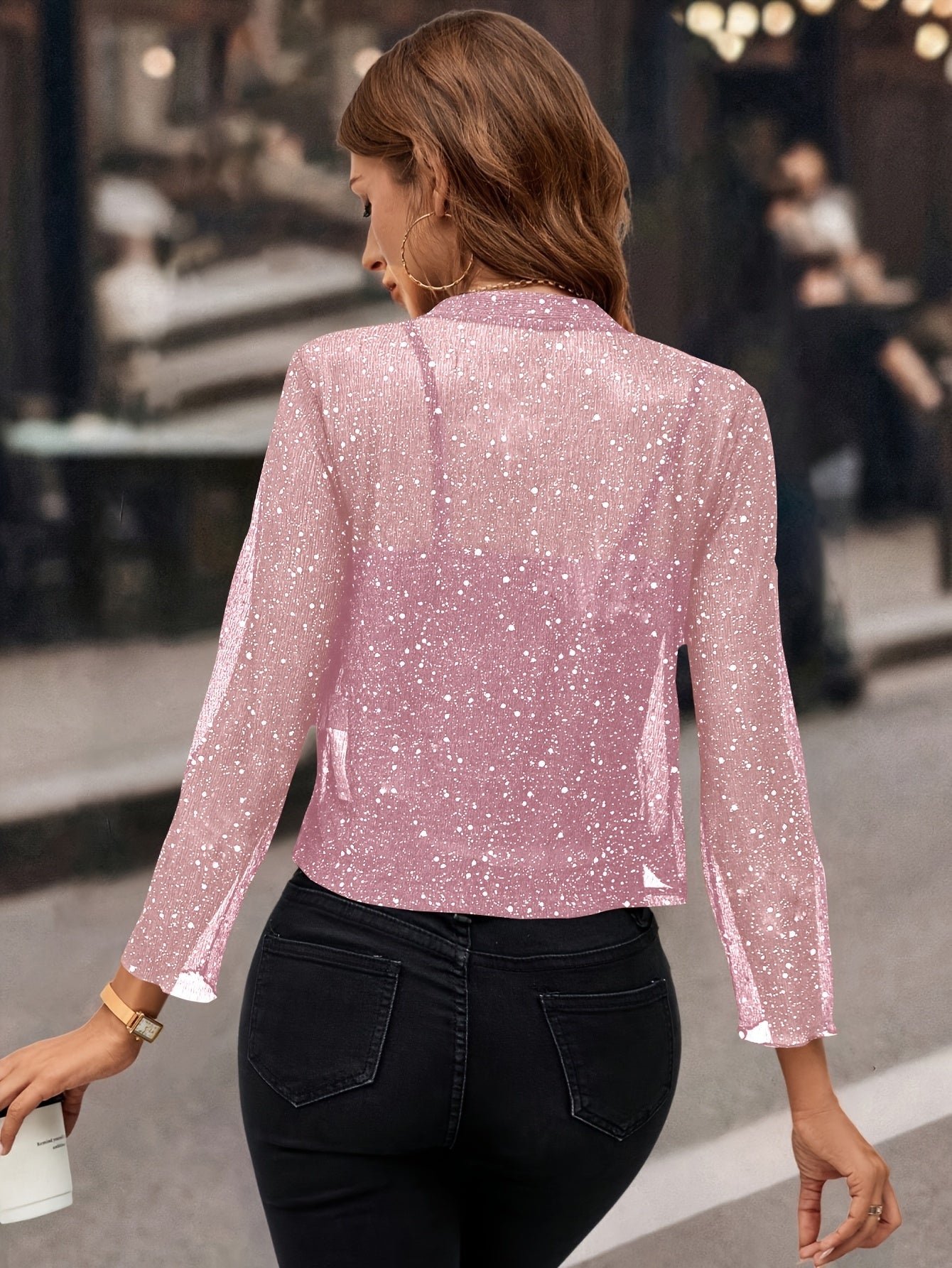 Femme Blazer Court Manches Longues Scintillant à Devant Ouvert