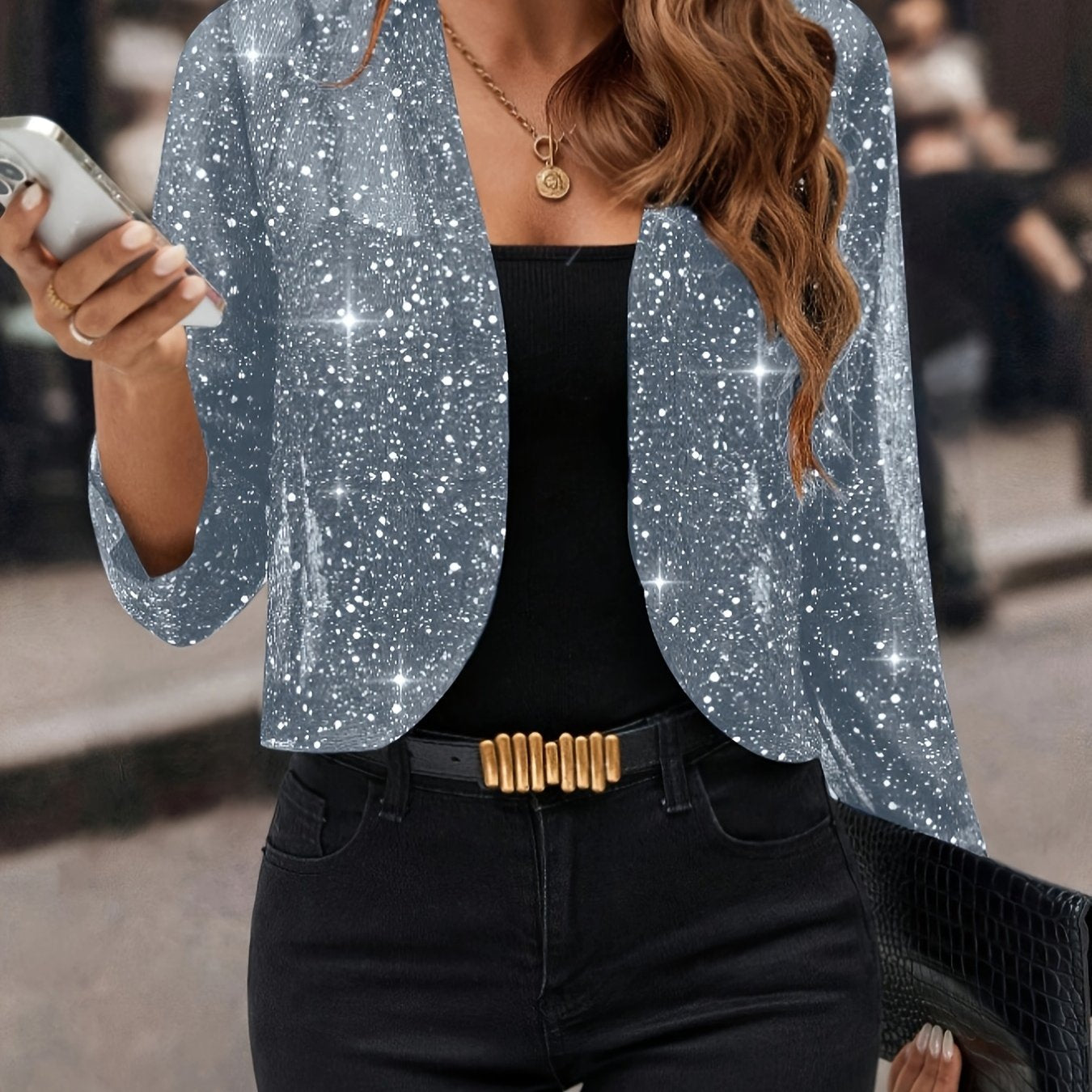 Femme Blazer Court Manches Longues Scintillant à Devant Ouvert