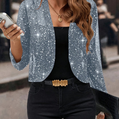 Femme Blazer Court Manches Longues Scintillant à Devant Ouvert