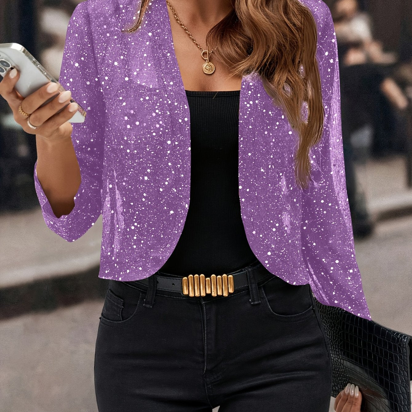 Femme Blazer Court Manches Longues Scintillant à Devant Ouvert