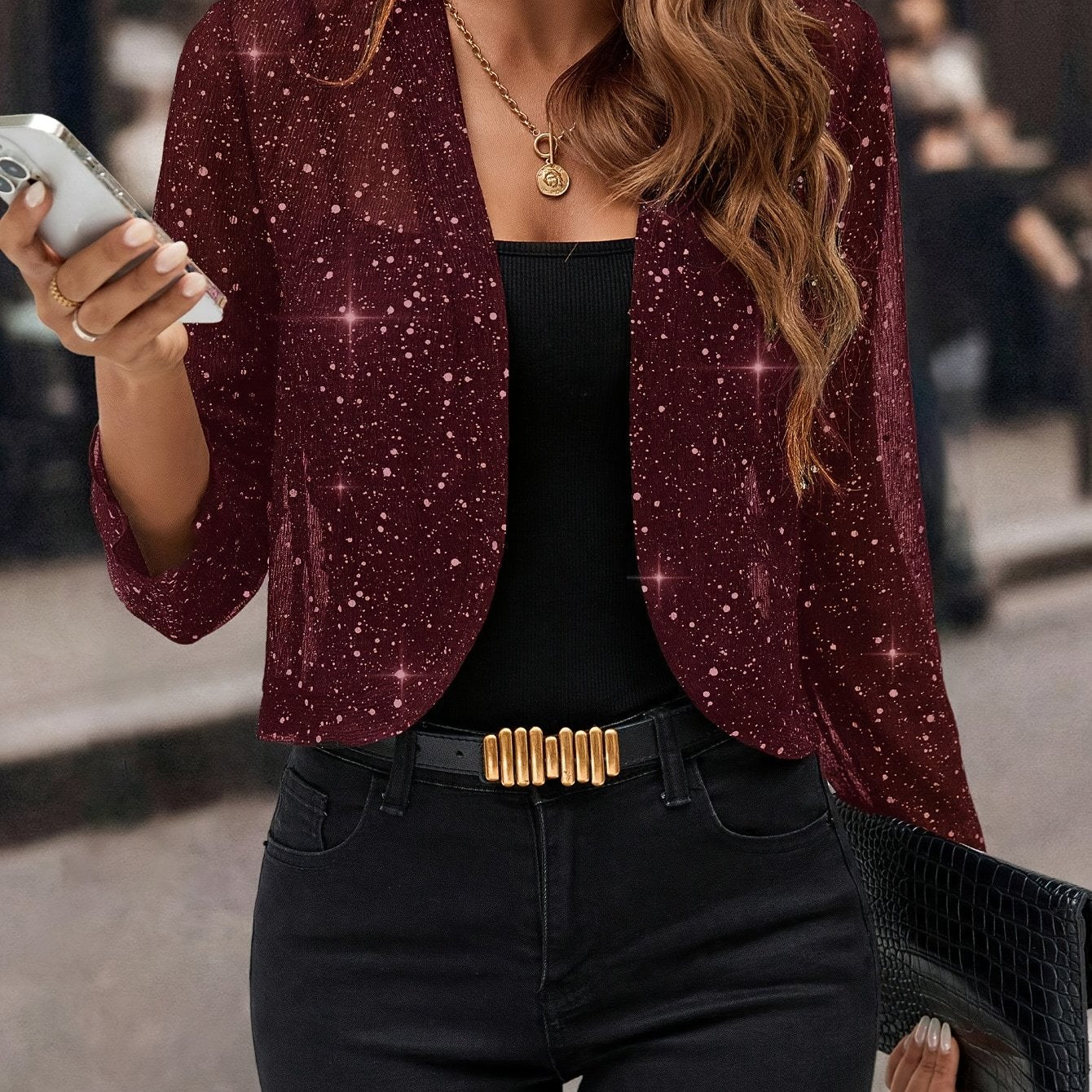 Femme Blazer Court Manches Longues Scintillant à Devant Ouvert