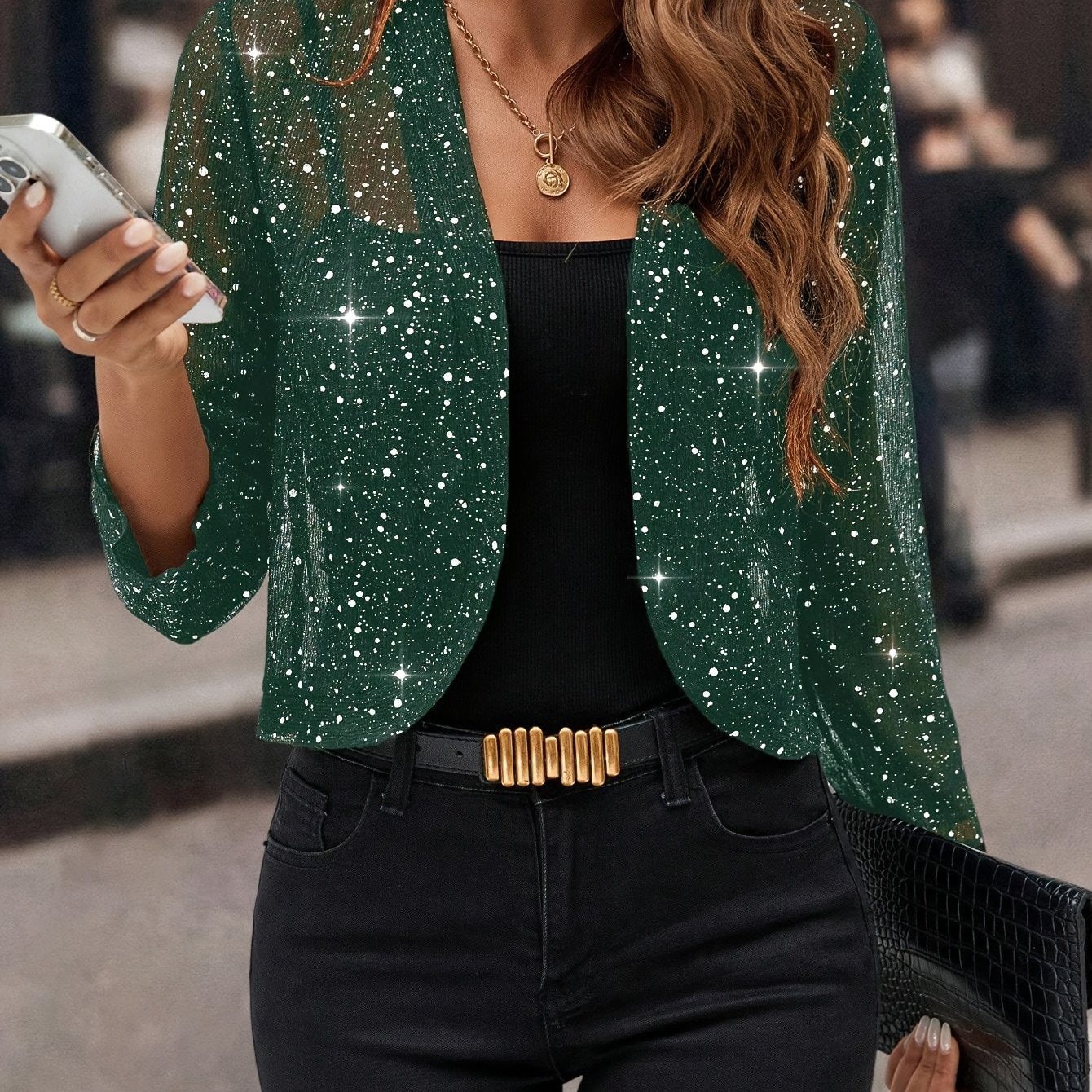 Femme Blazer Court Manches Longues Scintillant à Devant Ouvert