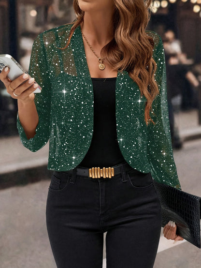 Femme Blazer Court Manches Longues Scintillant à Devant Ouvert