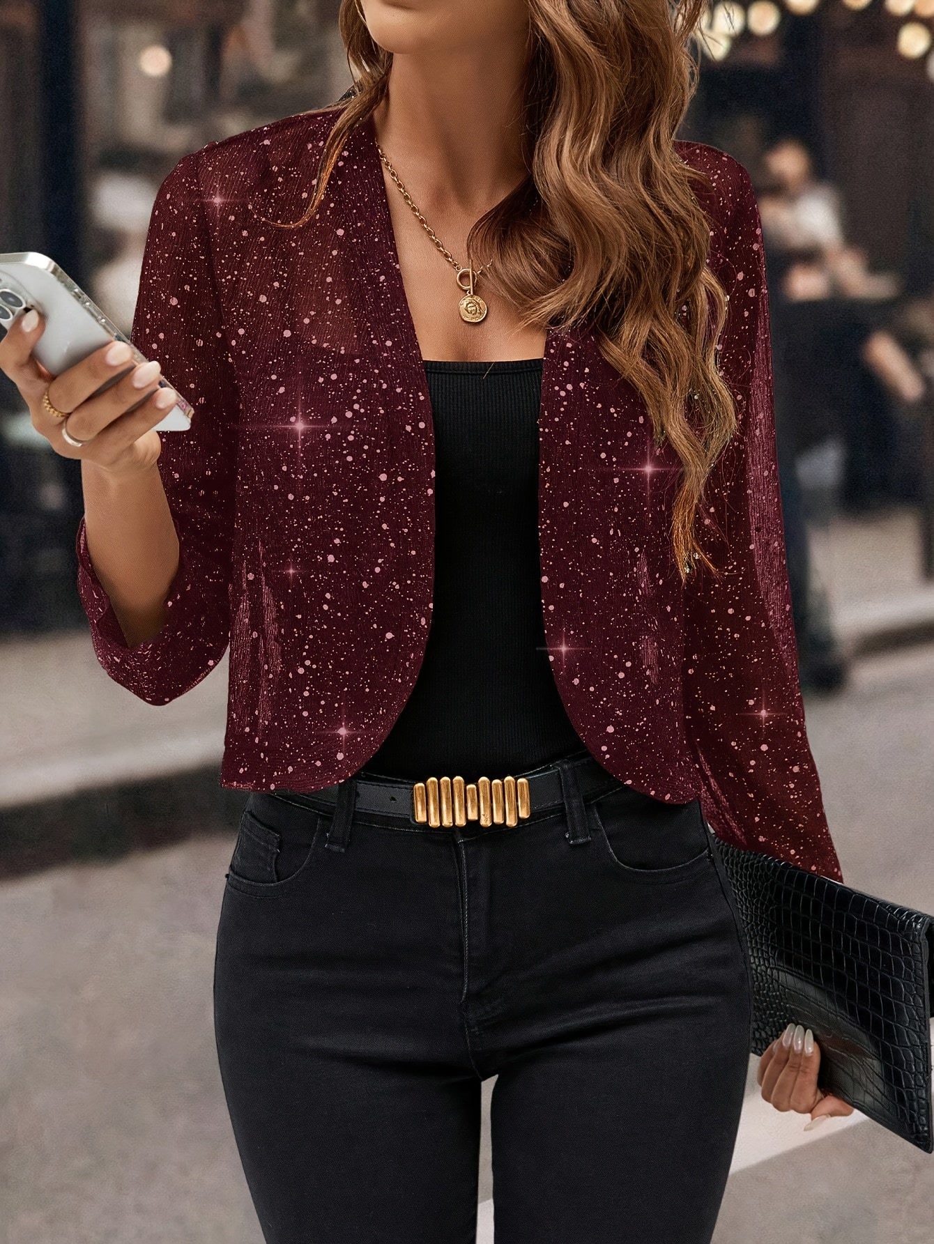Femme Blazer Court Manches Longues Scintillant à Devant Ouvert