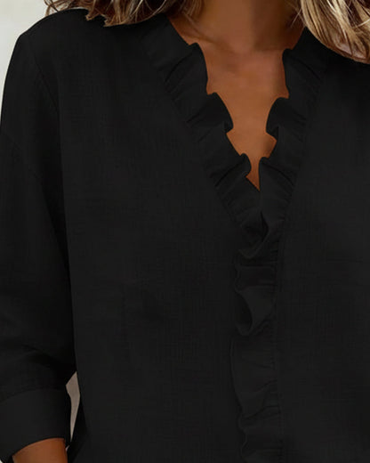 Femme Blouse à Volants Col en V et Manches Longues