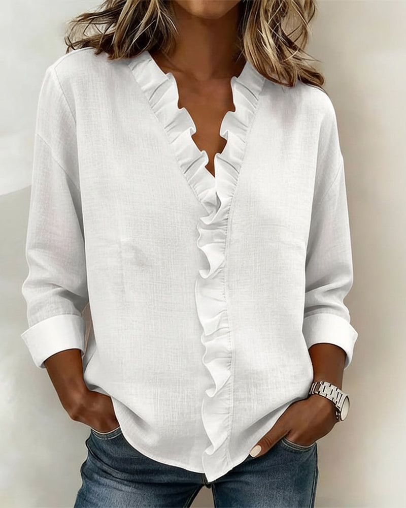 Femme Blouse à Volants Col en V et Manches Longues