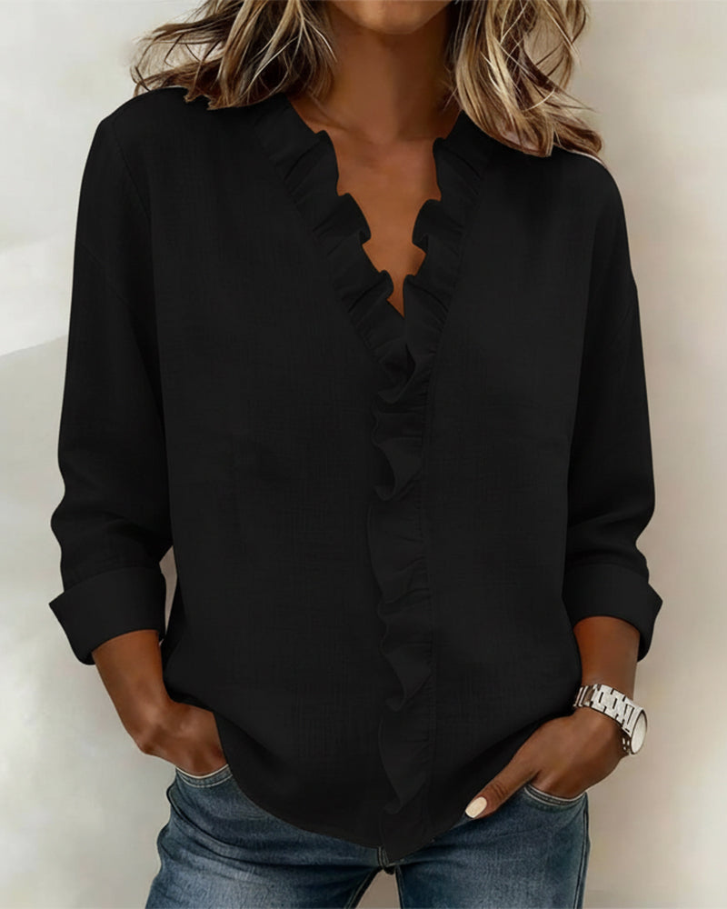 Femme Blouse à Volants Col en V et Manches Longues