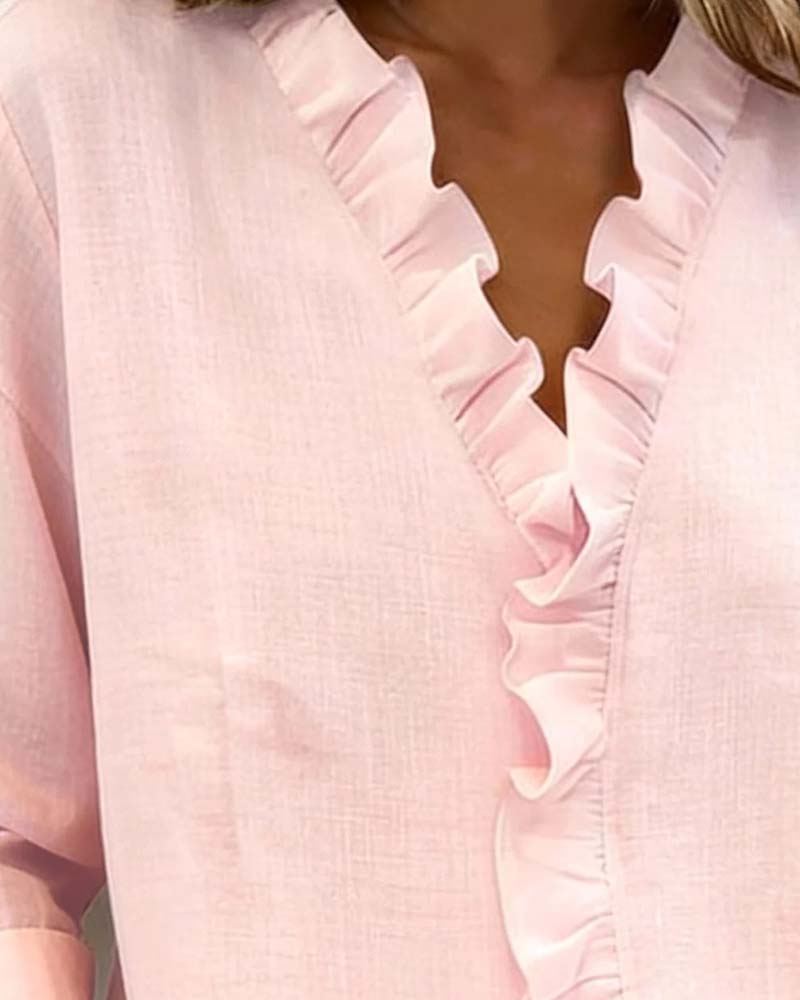 Femme Blouse à Volants Col en V et Manches Longues