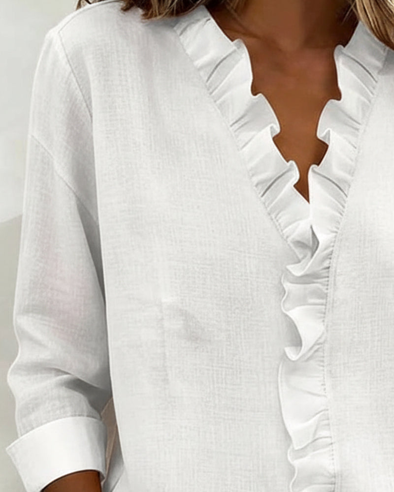 Femme Blouse à Volants Col en V et Manches Longues