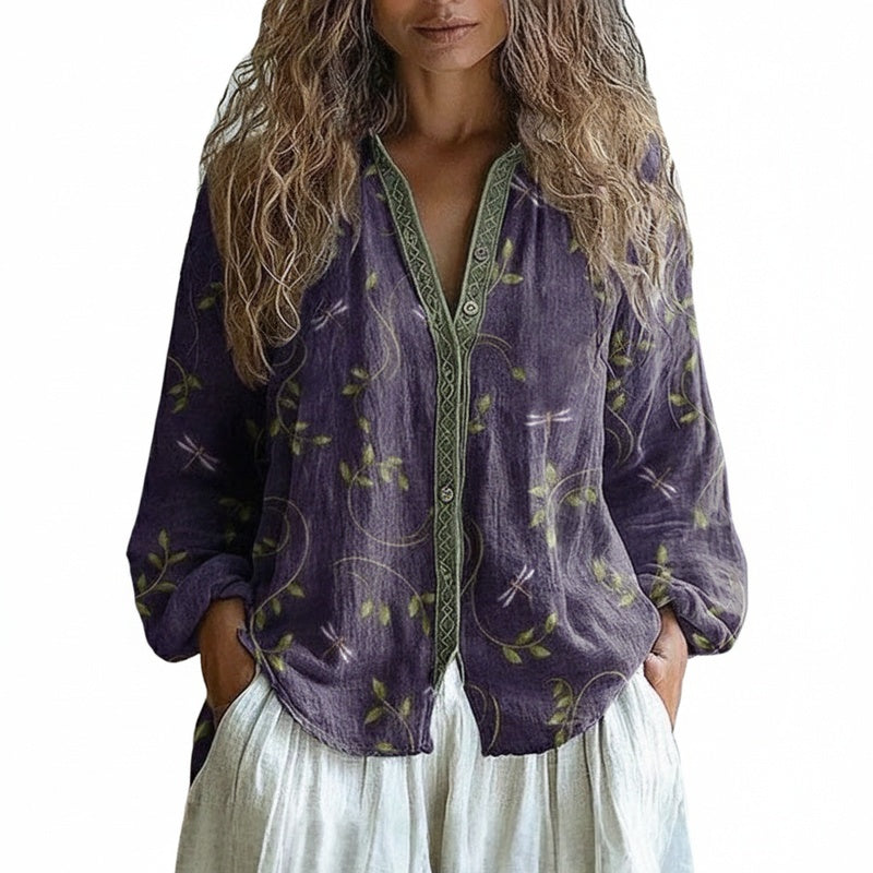 Femme Blouse Bohème Manches Longues avec Col en V et Imprimé Floral