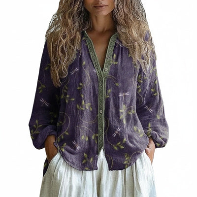 Femme Blouse Bohème Manches Longues avec Col en V et Imprimé Floral